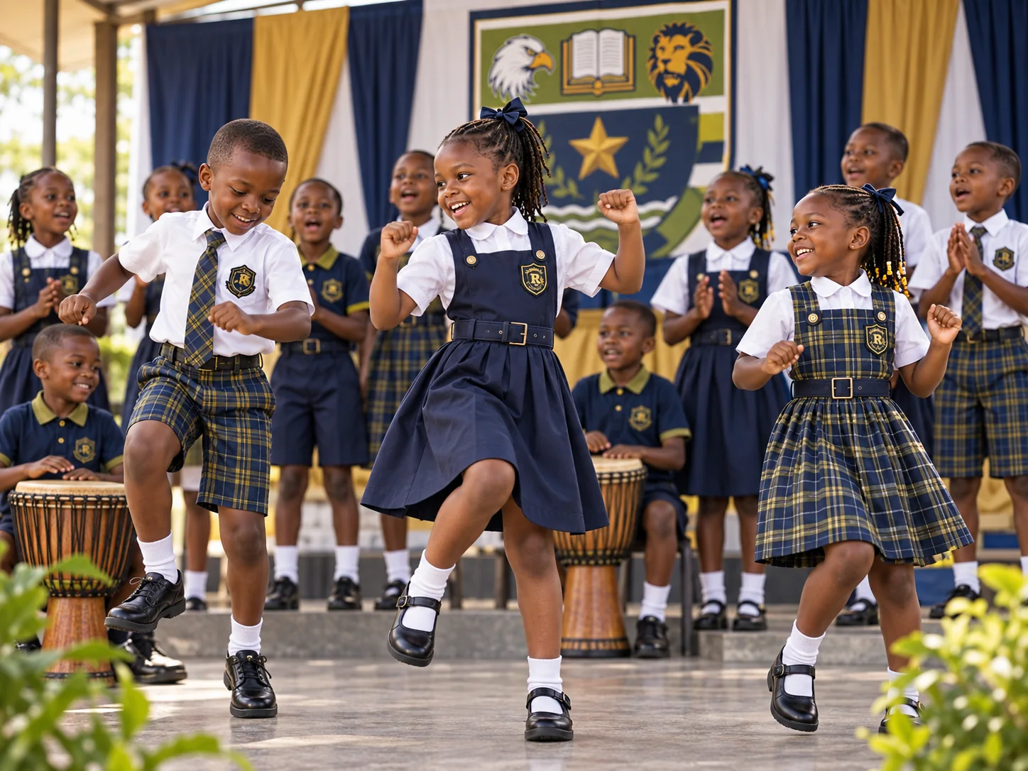 Pupils dancing and playing drums during a school performance
