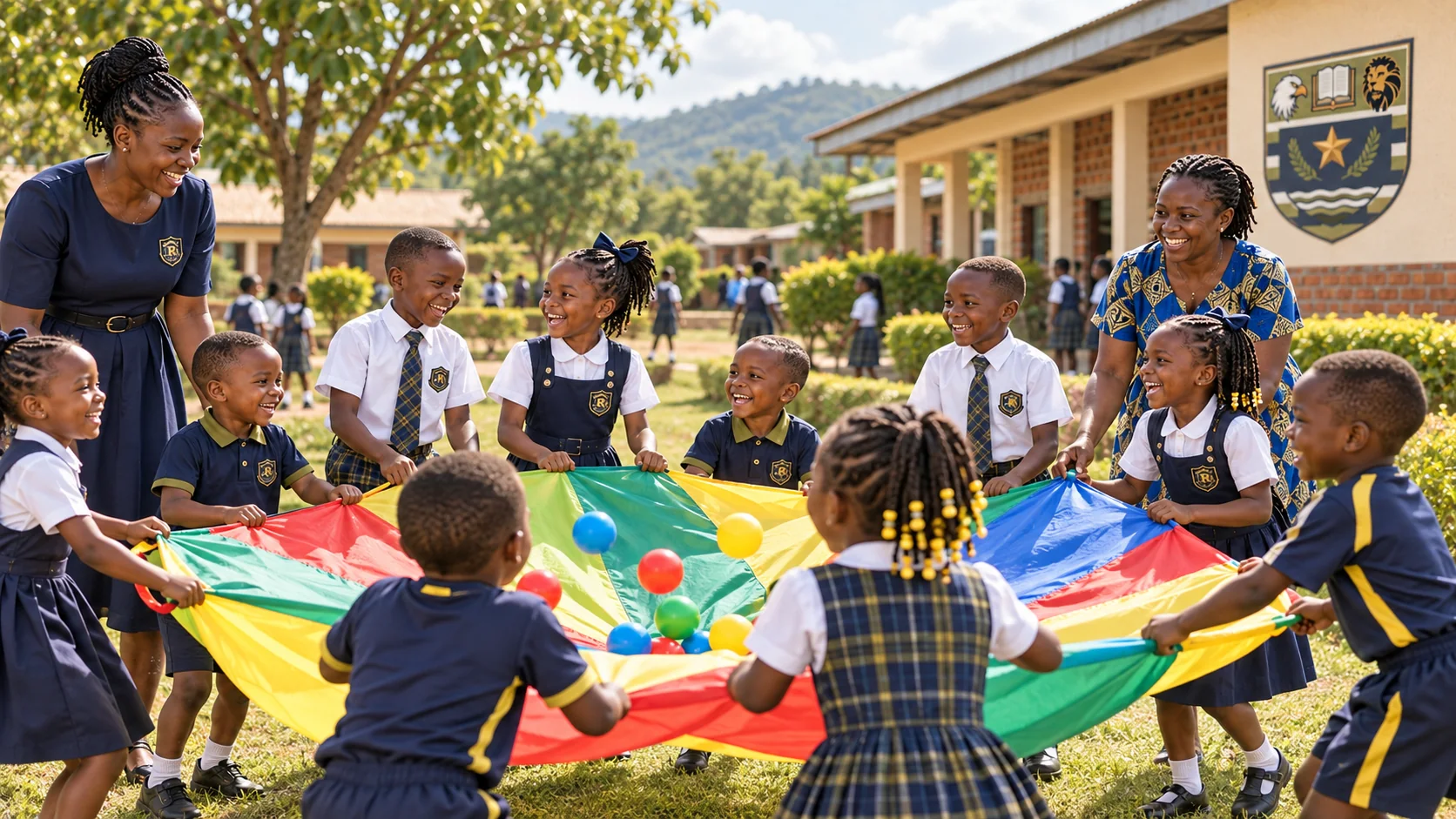 Ugandan pupils and teachers playing a parachute game outdoors