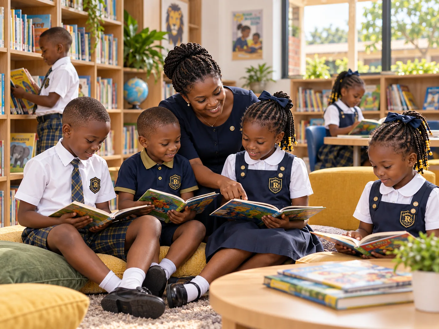 A teacher reading with pupils in the school library